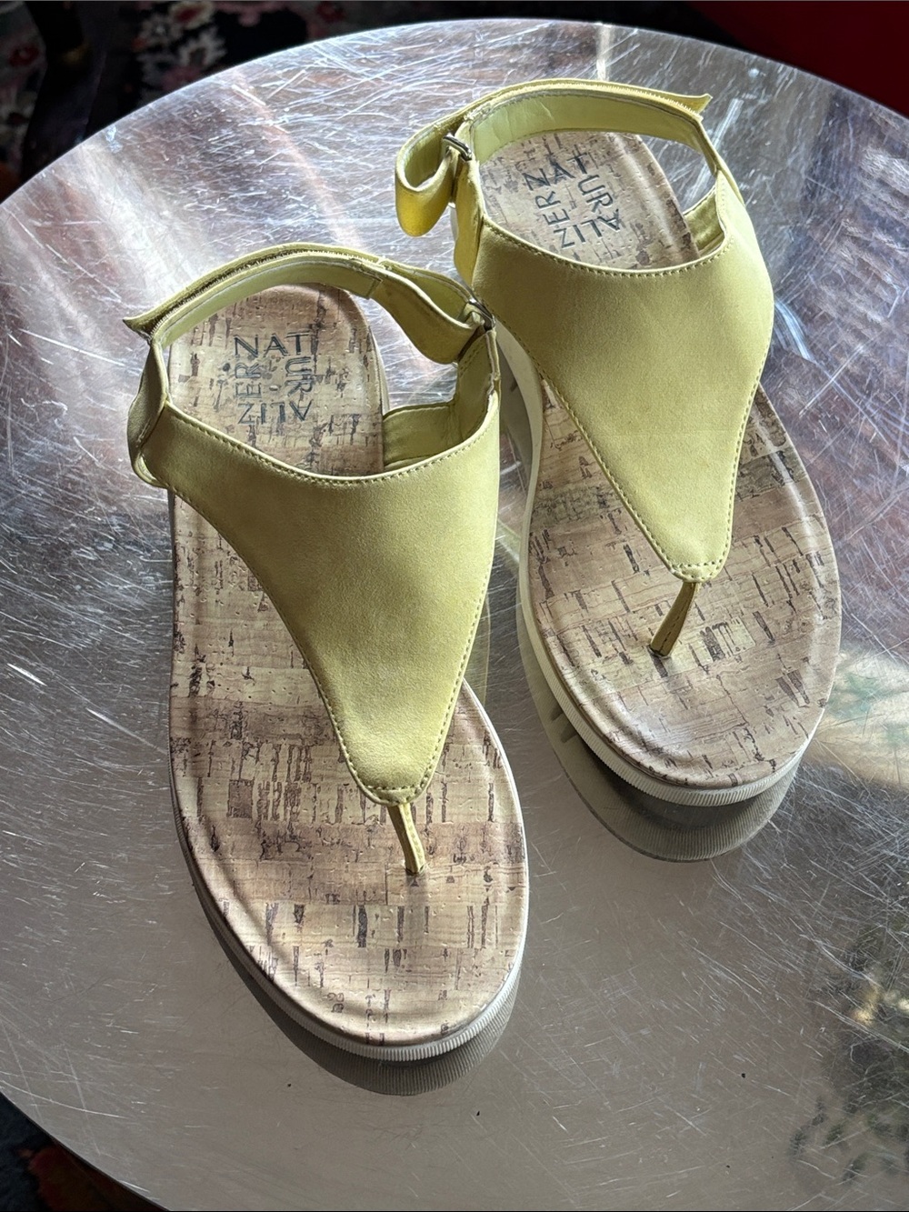 Naturalizer Lemon Yellow Thong Sandals with Cork-Pattern Footbed